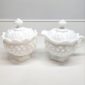 NEW VINTAGE Fenton Hobnail White Milk Glass Footed Cream & Sugar Lid Servers 70s